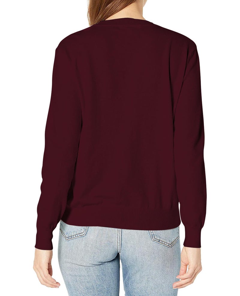 QUALFORT Women's Sweaters Burgundy Crewneck Sweater Pullover Soft Long Sleeve Knitted Jumper Tops Small - Image 2